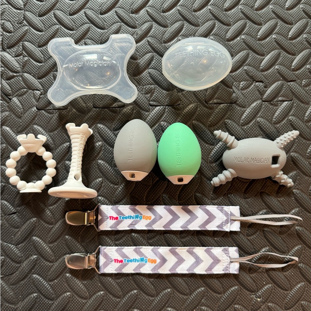 Teething Egg bundle of 2 sets plus hand stick extras and travel cases. New